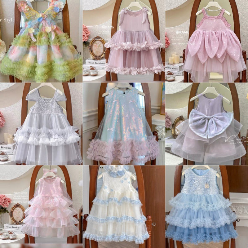 summer new girls' princess dress sleeveless sequin bowknot sleeveless dress evening gown wholesale supply