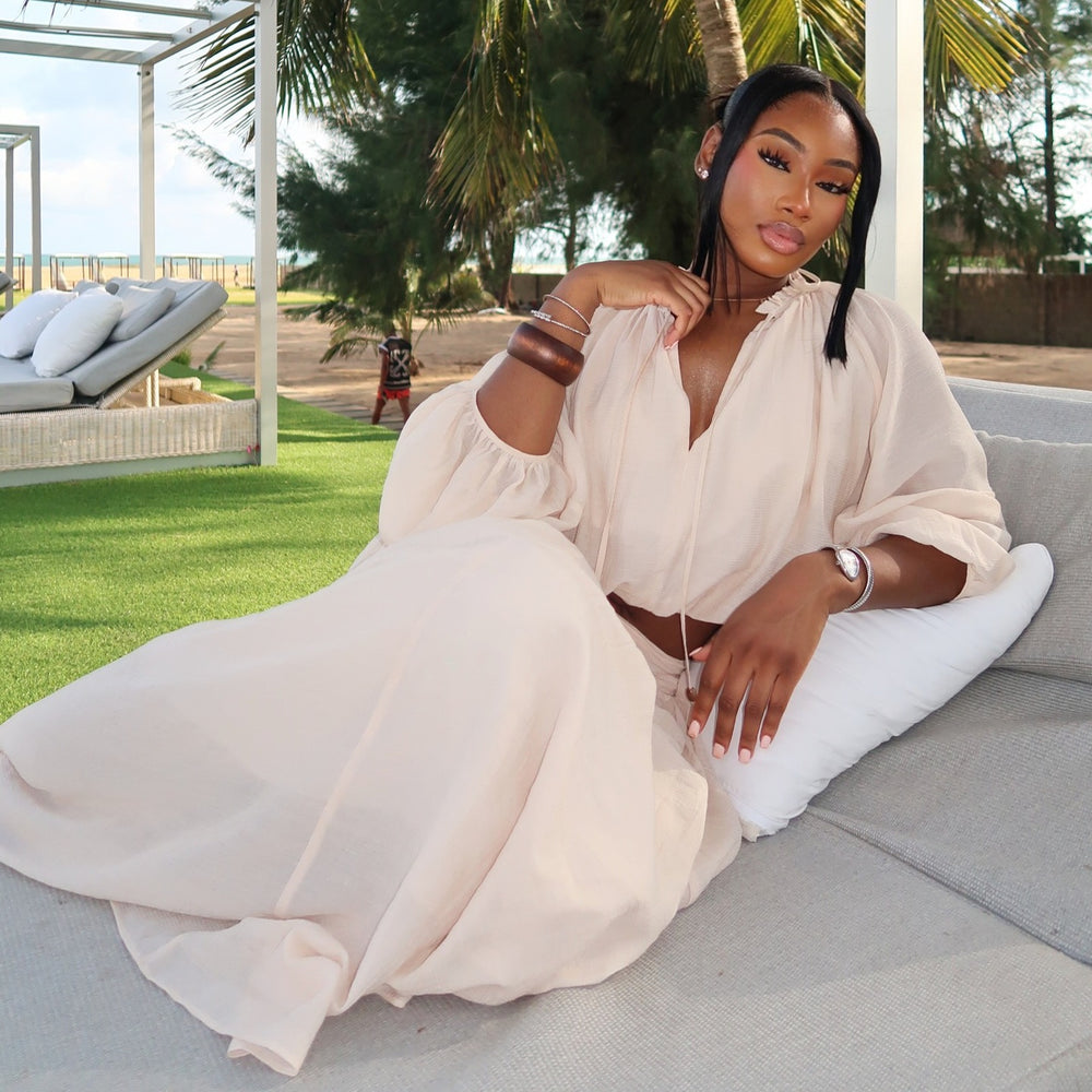 European and american cross-border women's fashion:  summer new collection - stylish lantern sleeve blouse and high-waisted midi skirt set