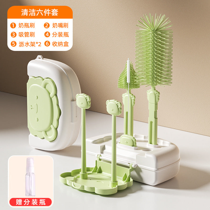 Infant and toddler cleaning brush set - includes straw brush, cup brush, drain rack, and storage box - baby silicone bottle brush