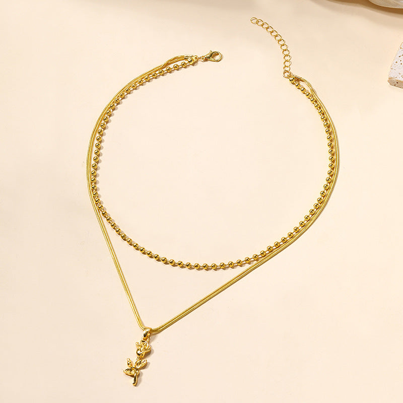 European and american cross-border statement jewelry fashion rose flower pendant high-end beaded chain women's double layer necklace jewelry wholesale