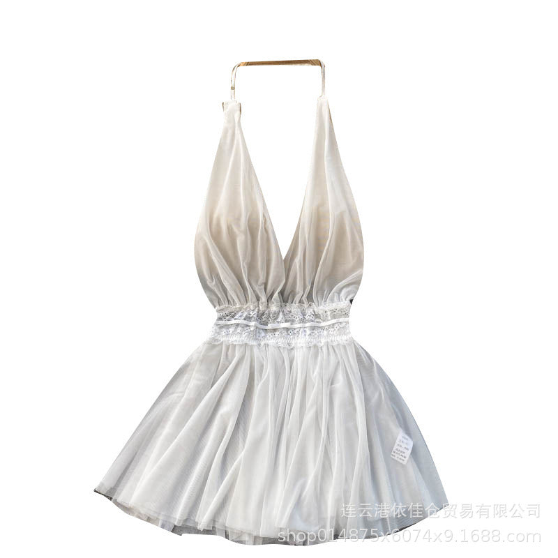European and american style deep v sexy backless double layer mesh see-through temptation halter nightgown lingerie