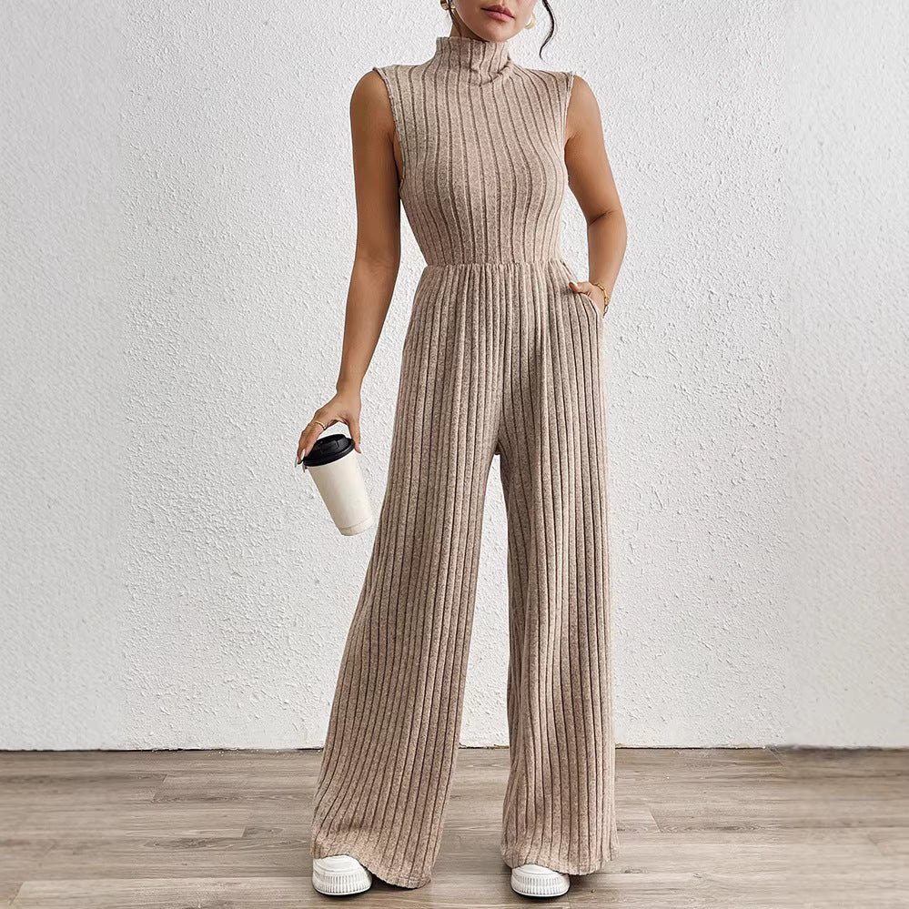 Amazon cross-border european and american women's wide-leg jumpsuit - stand collar, sleeveless, knitted, casual, stretch romper