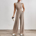 Amazon cross-border european and american women's wide-leg jumpsuit - stand collar, sleeveless, knitted, casual, stretch romper