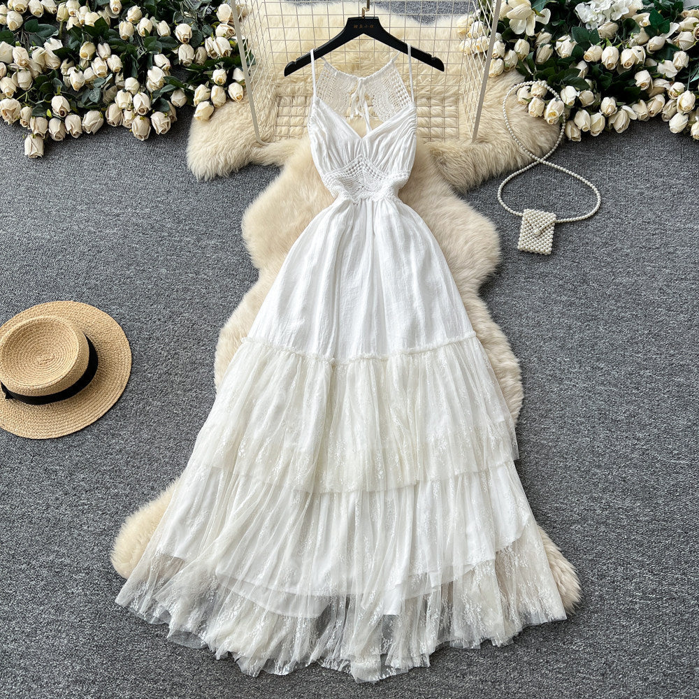 Vacation style lace lace suspender sexybacklessdress women's summer waist slimming look cake skirt elegant long skirt