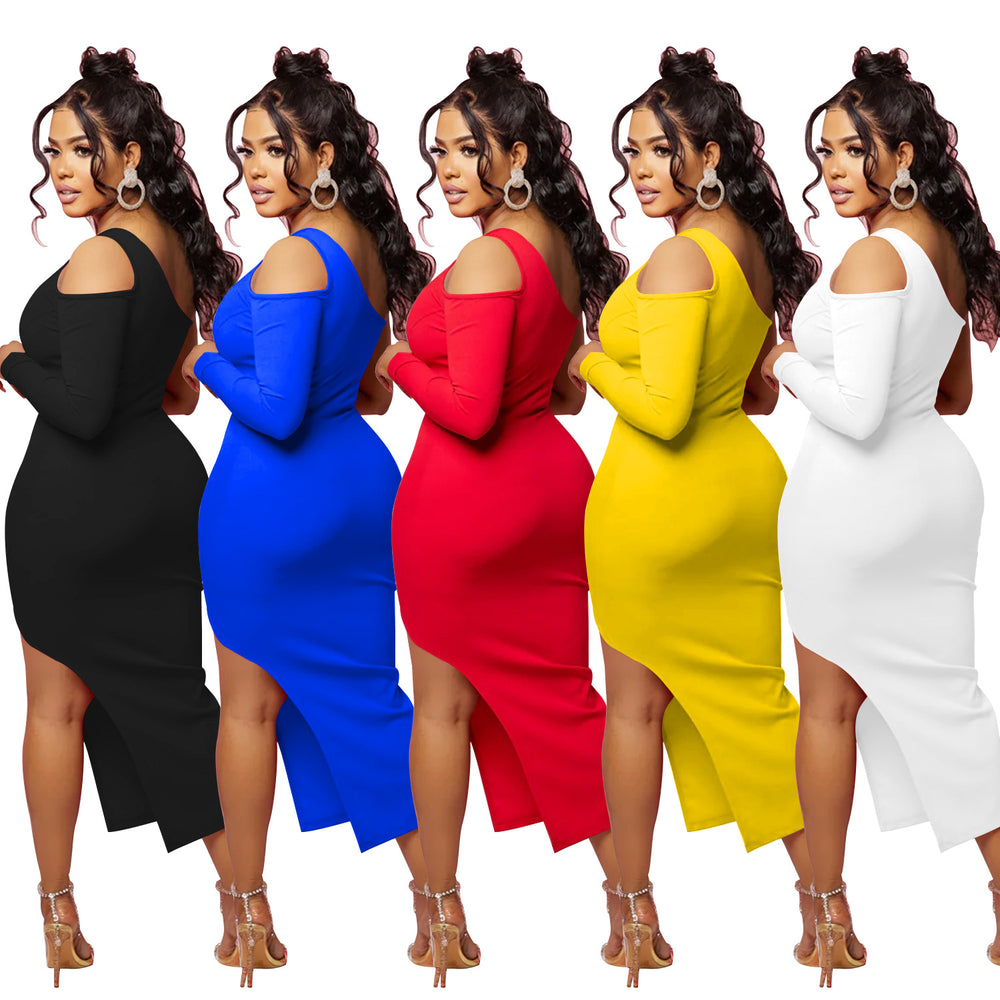 X6286   fashion women's solid color one-shoulder mesh single long sleeve maxi dress