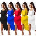 X6286   fashion women's solid color one-shoulder mesh single long sleeve maxi dress