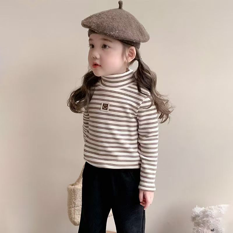Long sleevesstripes bottom baby style middle and small children boys and girls single tops inner bottom shirt girl high collar thickened