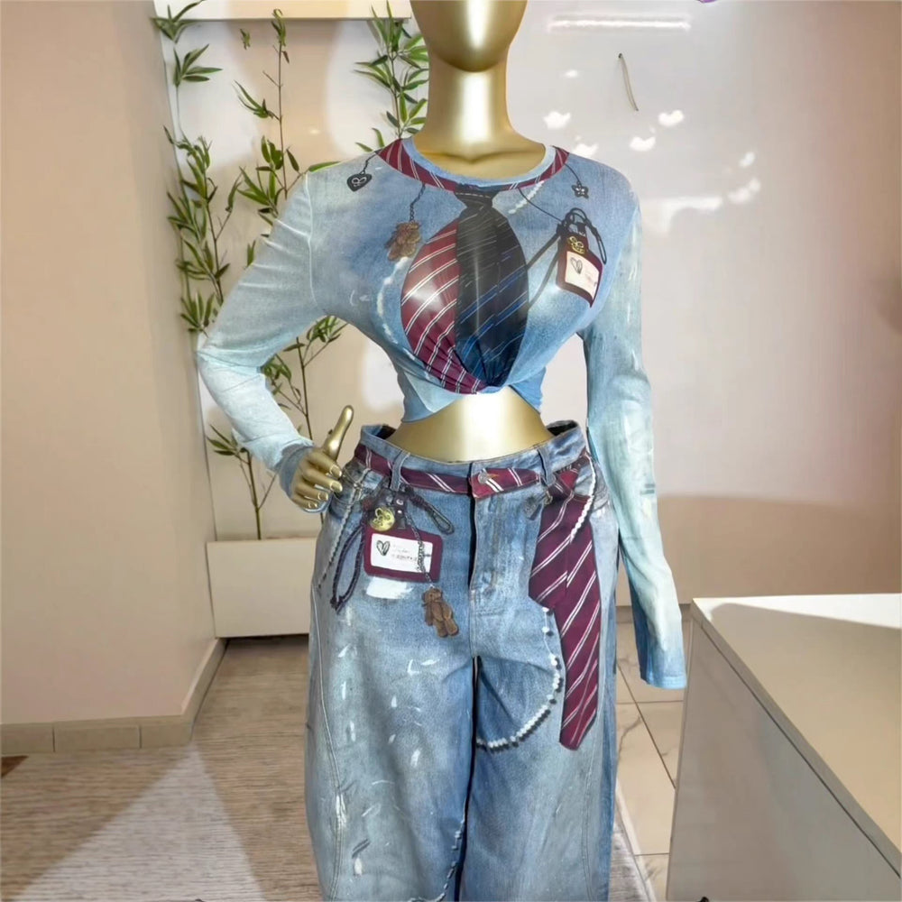 European and american cross-border women's spring  new arrival: elegant round neck printed long sleeve t-shirt and wide leg jeans set