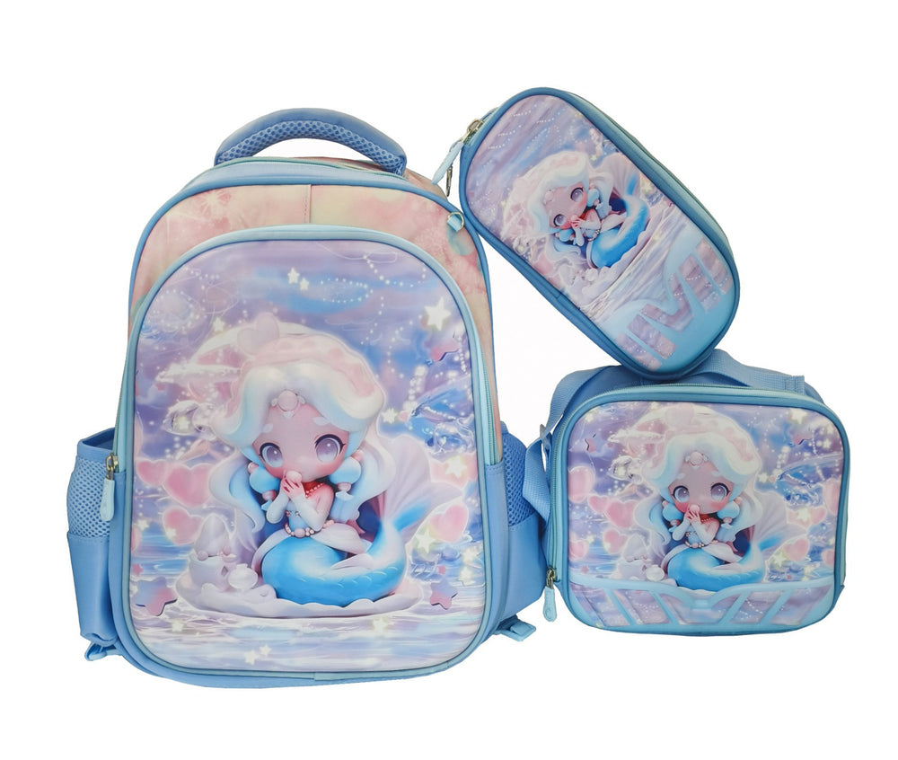 New arrival concave and convex leather primary school student pull rod school bag for grades 3 to 6 kids cartoon three-piece set backpack in stock