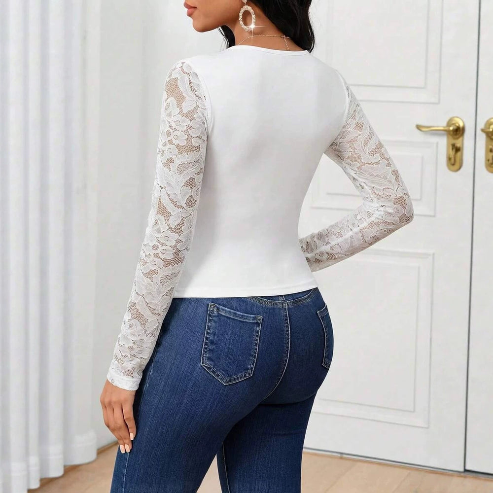 Women's casuallong sleeves t-shirt with lace and ruffles details