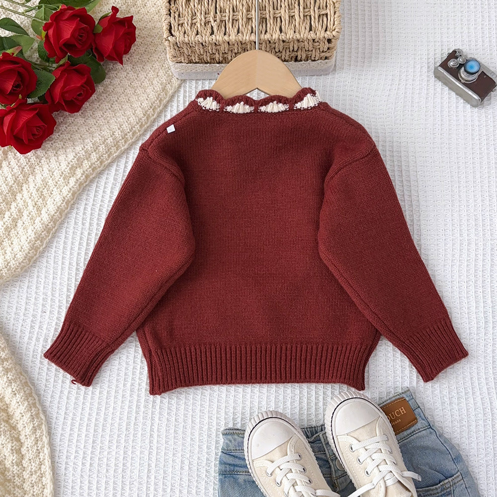 Girls' korean style sweater - new autumn/winter sweet 3d heart top - christmas baby girl round neck knitted long sleeve sweater