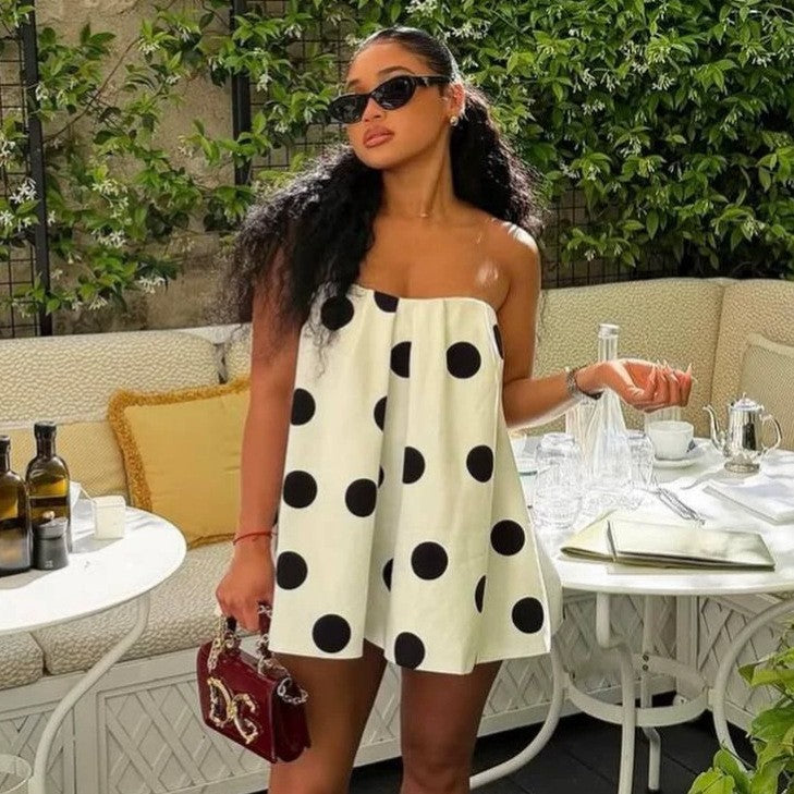 European and american women's clothing  autumn new collection: sweet and fresh polka dot bandeau dress with loose waist and mini skirt