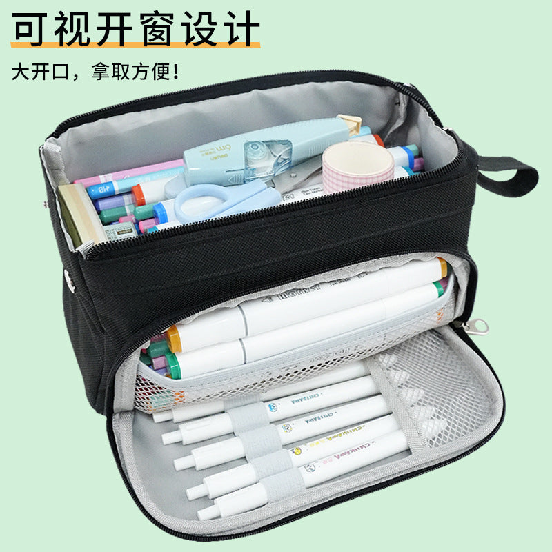 Cross-border pencil case Large capacity simple stationery box Double canvas Multifunctional portable stationery bag Primary school student pencil case