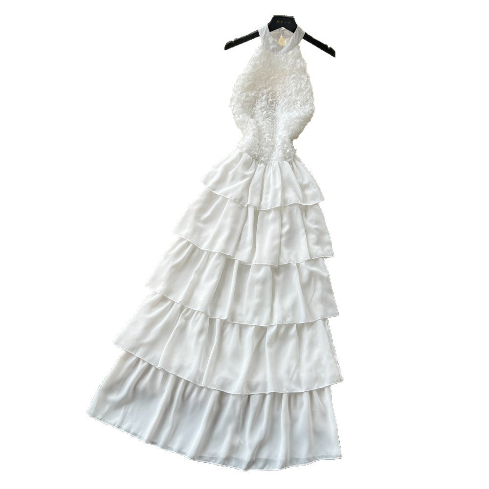French style halter neck sexy backless dress - women's white tiered dress - slimming, high-end, vacation-ready maxi dress