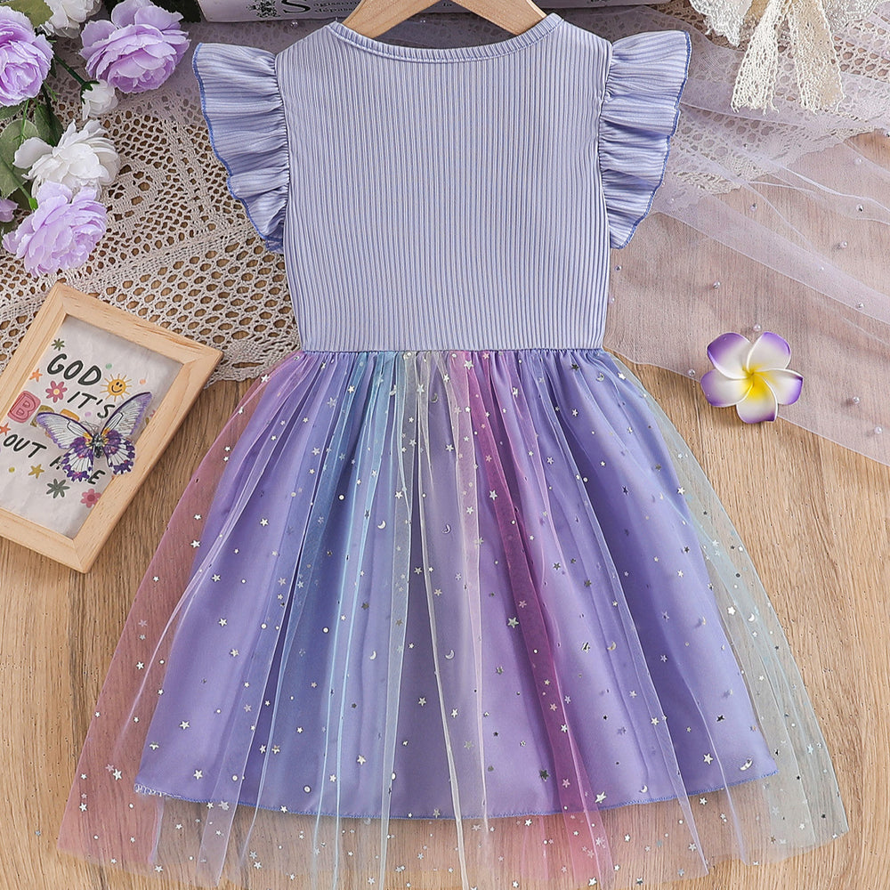 Exportgirl light purple pit strips flying sleeves gradient star mesh skirt summerkidsbows princess dress trendy