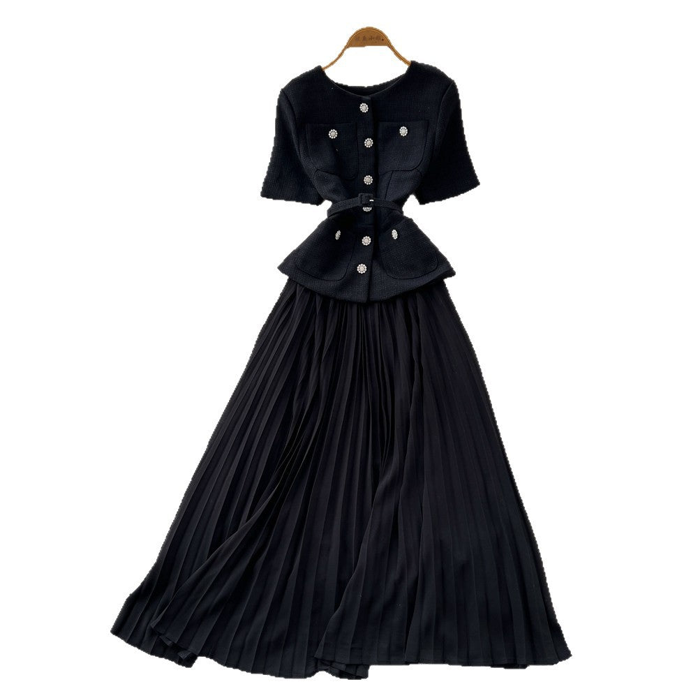 Xiaoxiangfeng pink a-line heavy industry pleateddress women's summer short-sleeved high waist waist pleated long skirtaccessible luxuryelegant