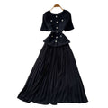 Xiaoxiangfeng pink a-line heavy industry pleateddress women's summer short-sleeved high waist waist pleated long skirtaccessible luxuryelegant