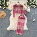 Autumn outfit set for women: high-end, fashionable color block striped knit cardigan with cinched waist cami bodycon dress