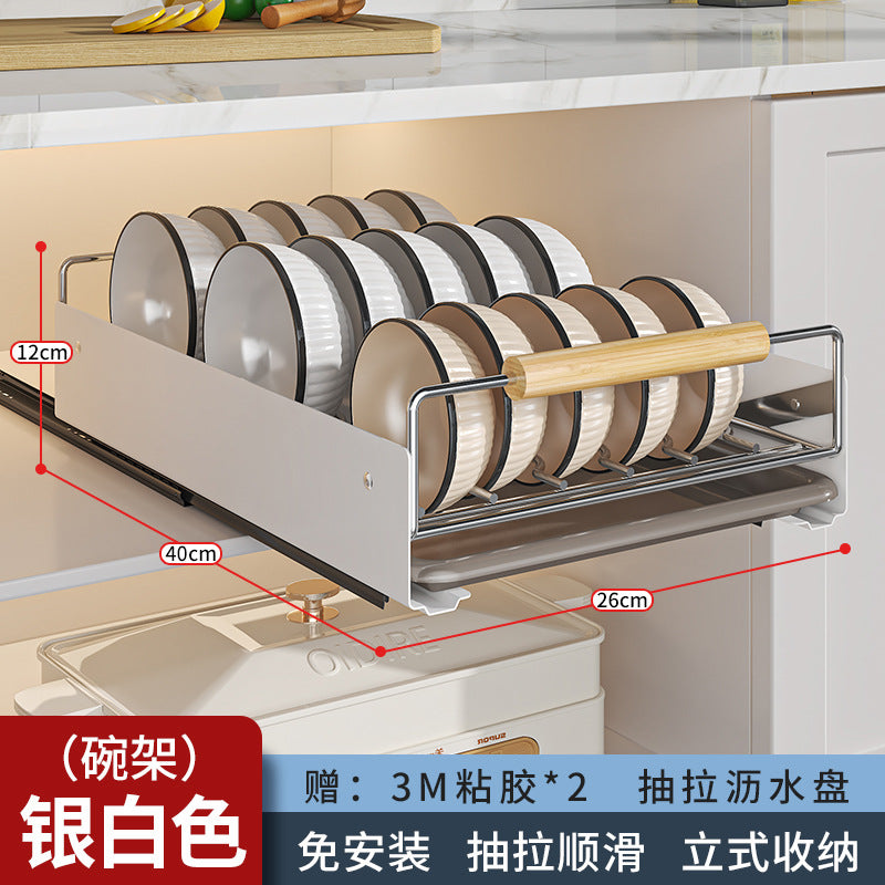 Pull-out dish rack in kitchen cupboard, drawer-type shelf, dish rack, storage rack, pull basket, bowl rack, drain rack