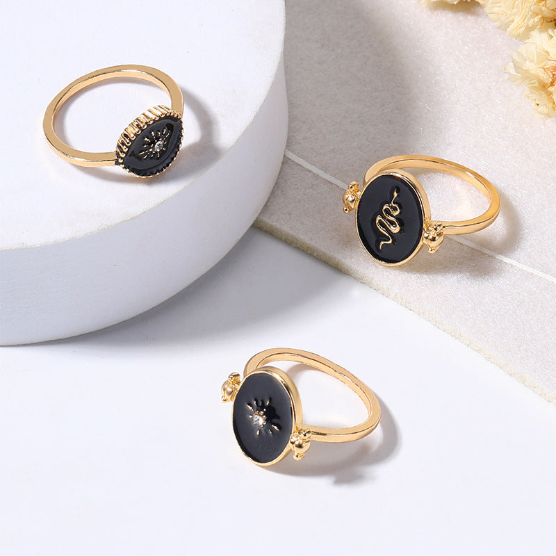 French retro minimalist jewelry round disc diamond starburst sun layered ring set snake electroplated women's rings