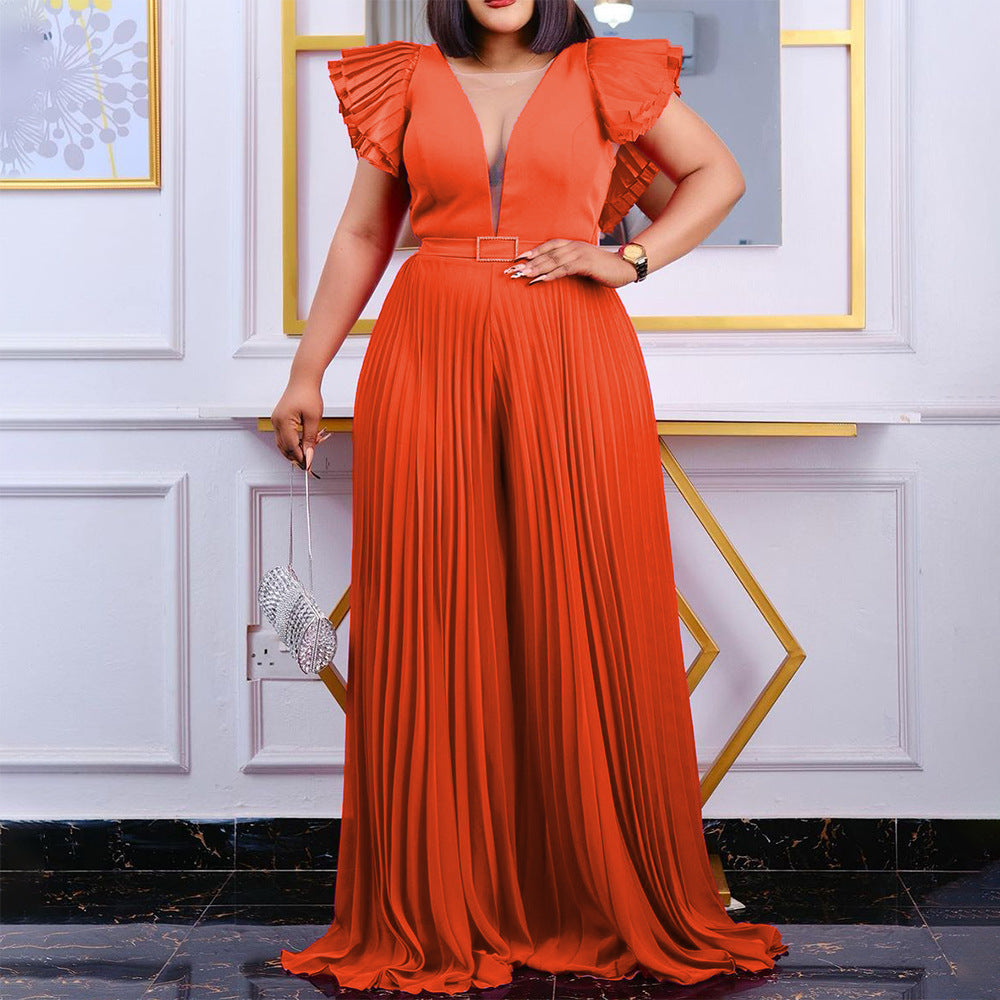 C8491p: new european and american style sexy short-sleeve pleated wide-leg jumpsuit with belt – perfect for cross-border e-commerce on  and