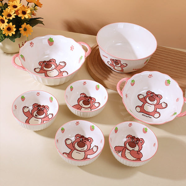 Strawberry bear ceramic bowl cartoon double handle bowl household children bowl Internet celebrity salad bowl cute rice bowl small round bowl noodle bowl