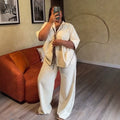 European and american cross-border women's fashion:  summer new arrivals - stylish casual loose tie-waist shirt and wide-leg pants fashion set