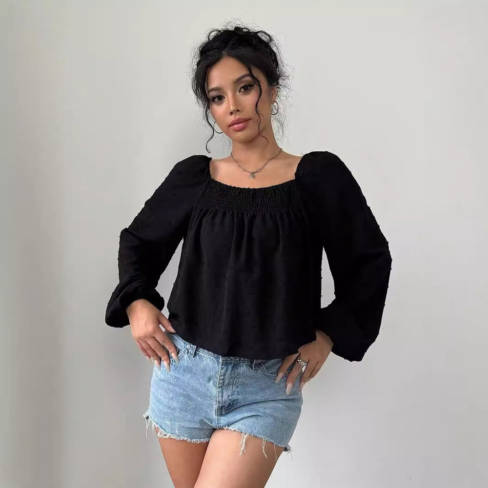 In-stock - 73072#  cross-border fashion women's solid color casual versatile vacation shirt
