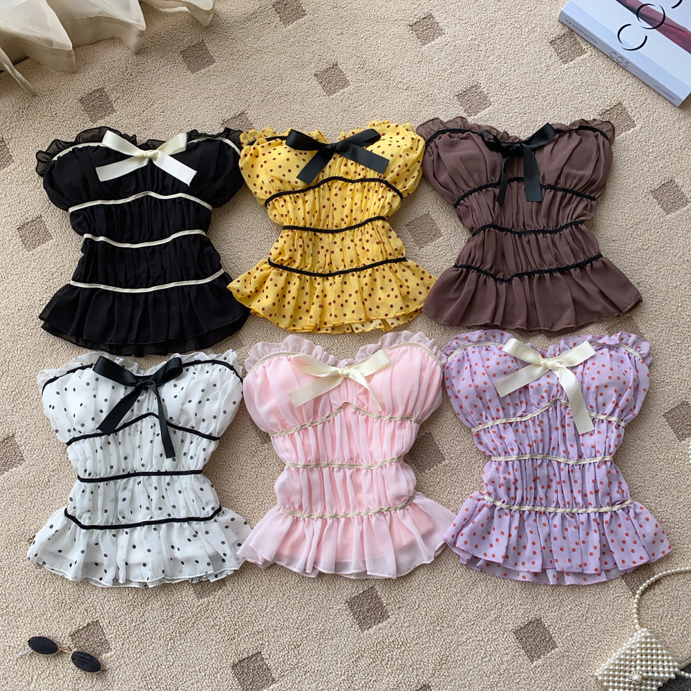 Sweet polka dot work clothing style tube top camisole women's summerruffles waist bows age-reducing tops
