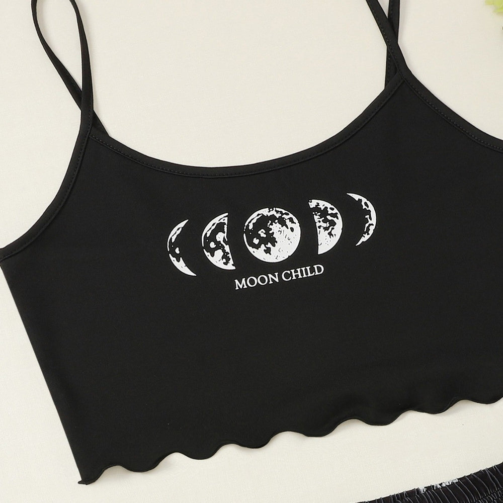 New moon child eclipse letter print cami and shorts two-piece women's loungewear set