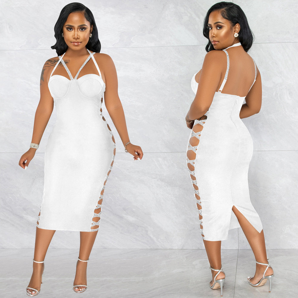X5657 cross-border new arrival: solid color sexy camisole cutout zipper maxi dress with slit - perfect for  and