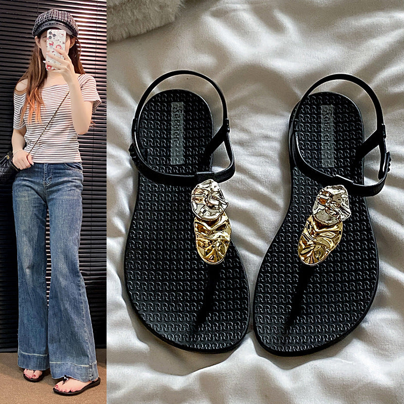 Summer vacation style new arrivalfrench metal buckle sense of design flip-flop sandals for women outwear non-slip soft bottom lightweight cool