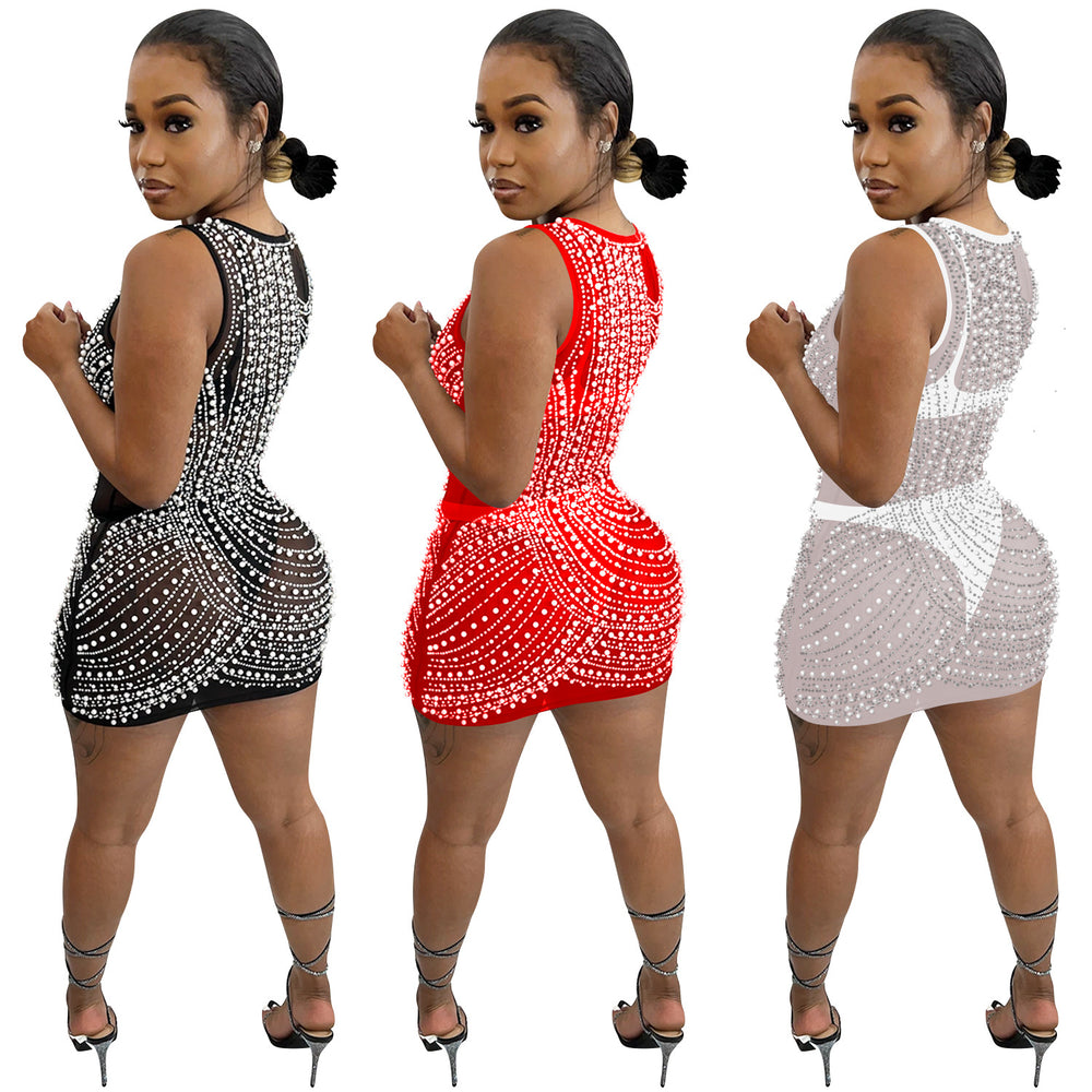 X5651   fashion sexy nightclub rhinestone mesh see-through round neck cami mini dress