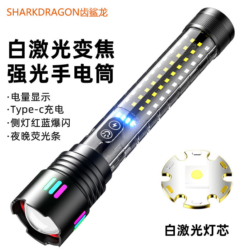 Cross-border new white laser LED flashlight charging outdoor zoom with side light red and blue warning strong light flashlight