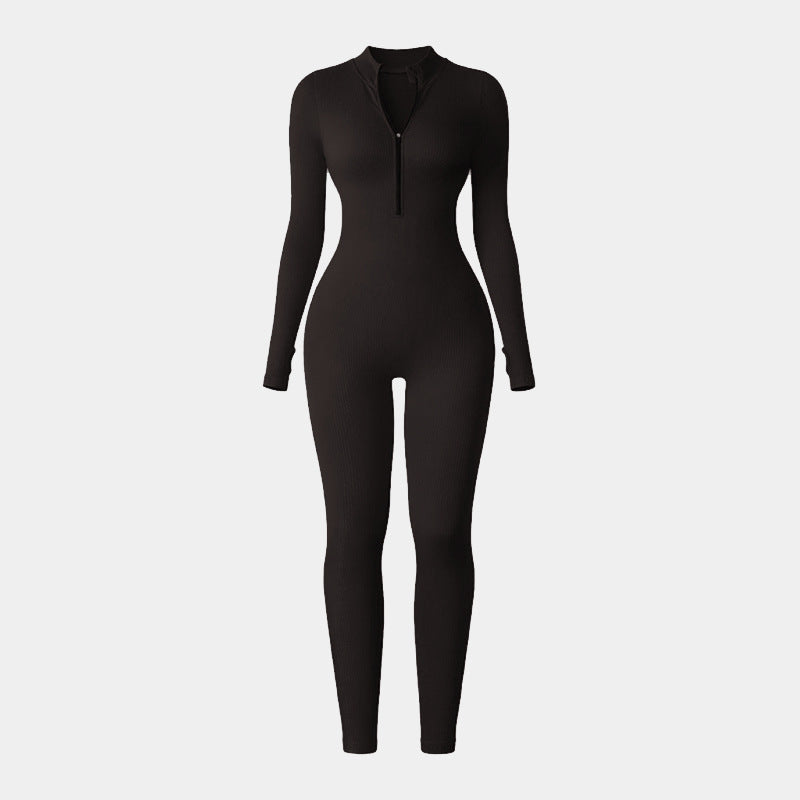 popular thick-threaded sports jumpsuit women's zipper thumb hole tight long-sleeved stand-up collar yoga clothes Europe and America