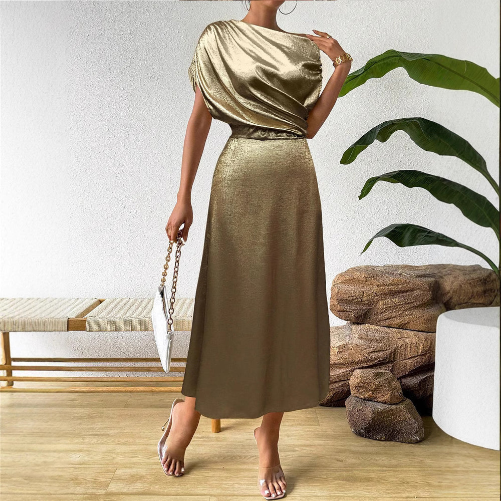 spring/summer european and american women's clothing cross-border  new style  solid color satin dress