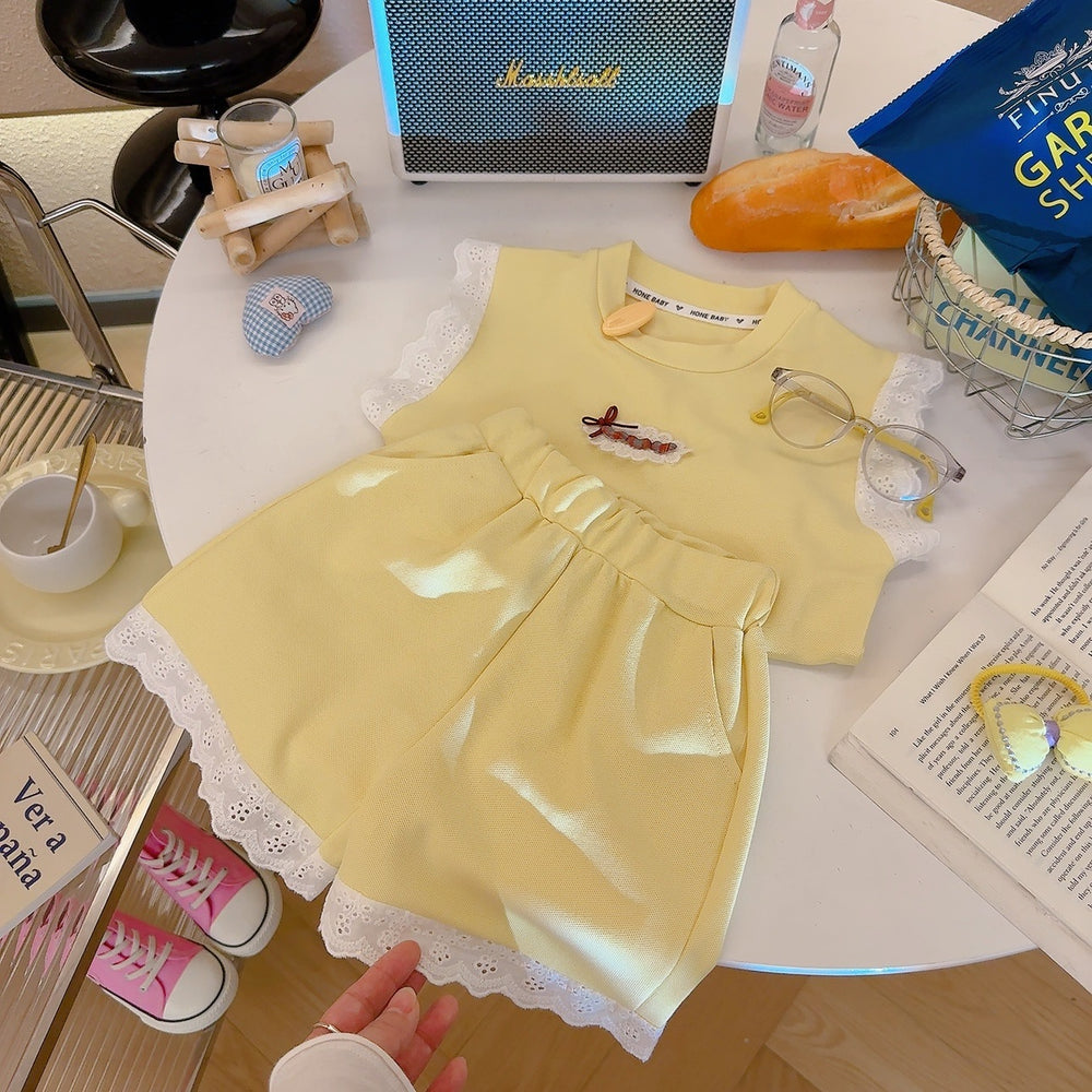 Girls' summer outfit: stylish baby set,  new summer collection, kids' lace sleeveless tank top and shorts two-piece set - wholesale