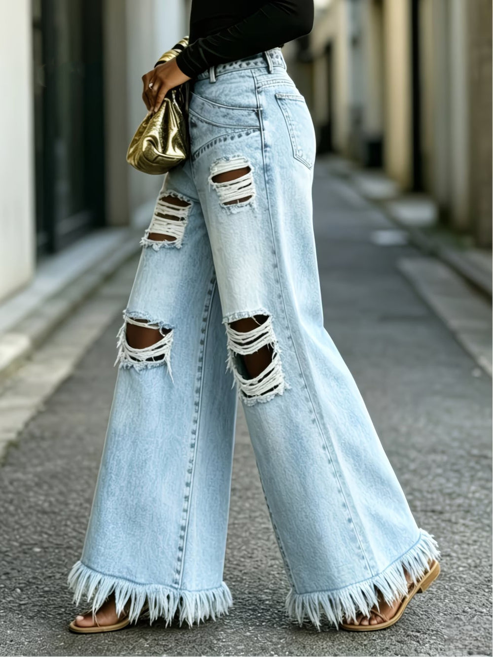 European and american style women's wide leg jeans - hot girl retro washed high waist floor length trendy versatile denim pants