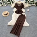 Korean style commute-inspired hollow knit minimalist two-piece set for women - summer v-neck, waist-defining, slimming outfit