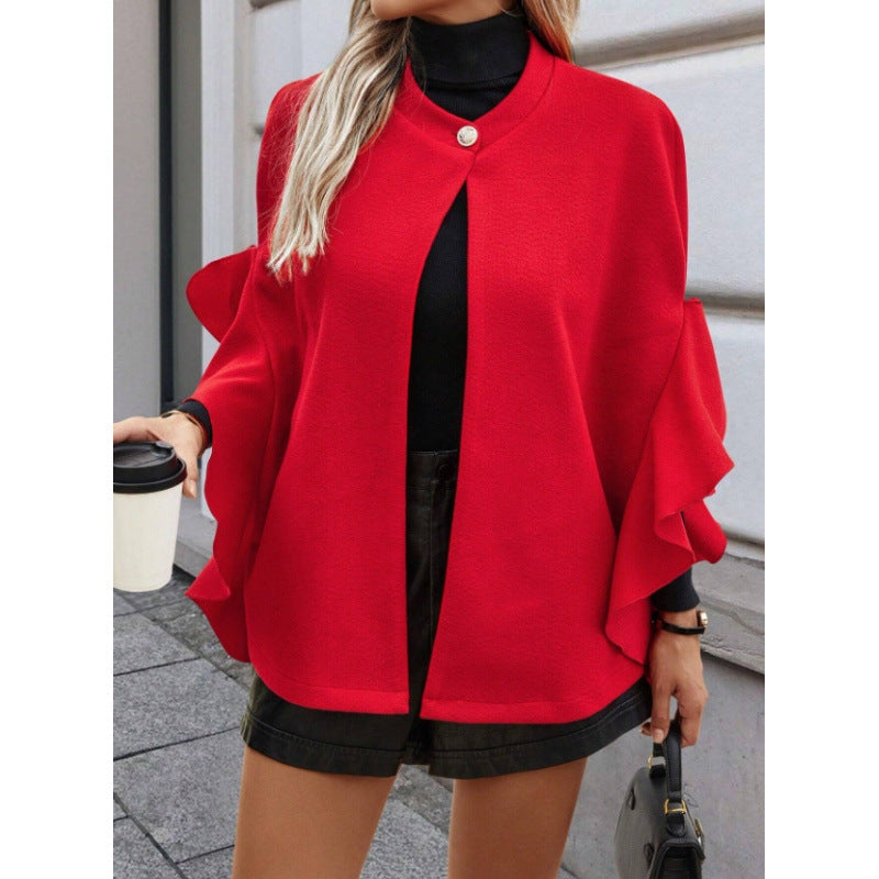 women's ruffle sleeve cape oversized coat - stand collar, single button, relaxed fit