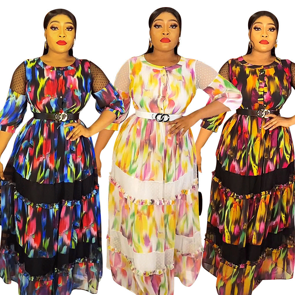 new cross-border spring/summer european and american style floral dress, african  fashion long printed dress