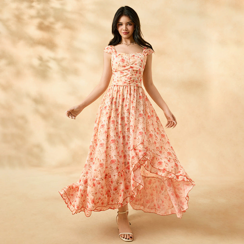European and american cross-border youth summer new fashion asymmetrical neck irregular dress vacation style floral maxi dress women's clothing