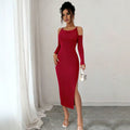 fashionclassy off-shoulder dress silmslimming look slit hip-covering long sleeves banquet dress mid-length skirt
