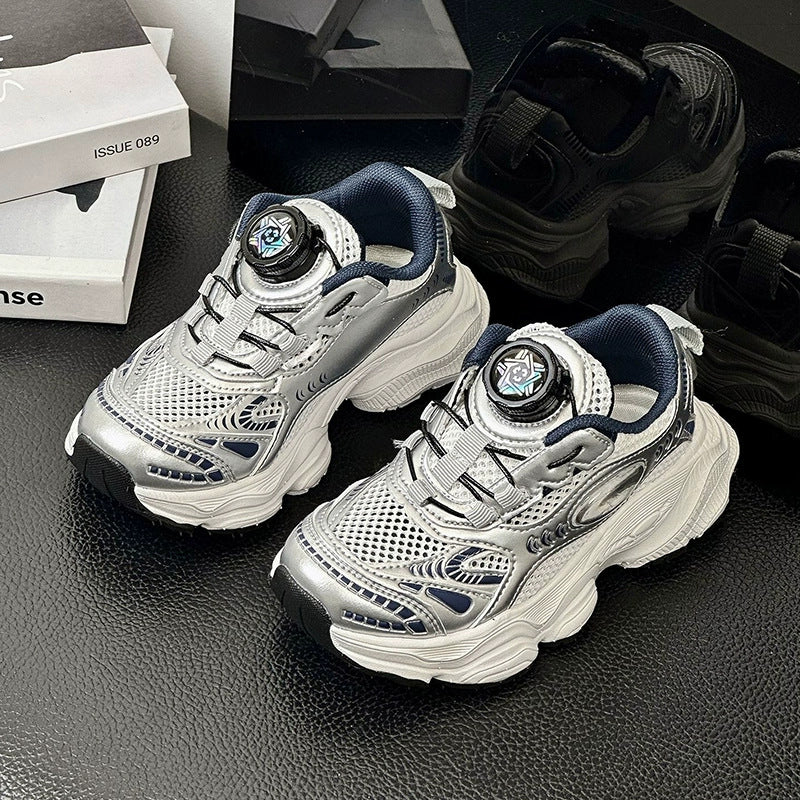 Girls' athletic sneakers with silver button detailing, new spring/summer  collection. breathable mesh upper, also available as chunky dad sneakers for boys and girls