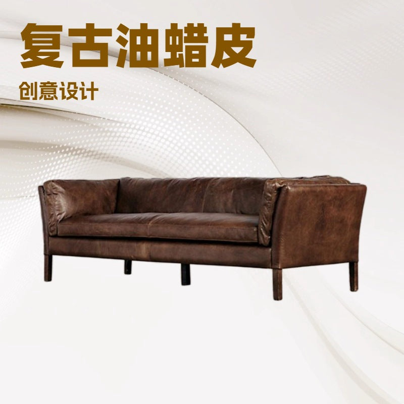 First-layer cowhide sofa, living room, chinese ancient style, small apartment, retro oil wax leather, three-person sofa