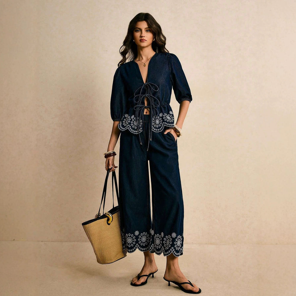 Amazon tiktok pinduoduo foreign trade cross-border fashion bohemia embroider strap denim tops