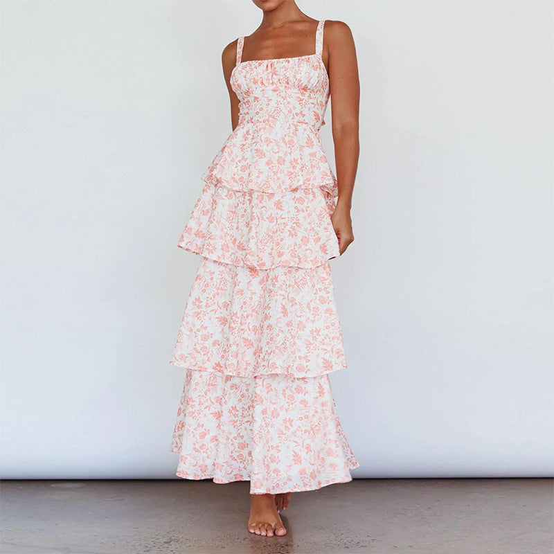 european and american export women's clothing cross-border dress summer fashion fresh floral suspender cake dress long dress