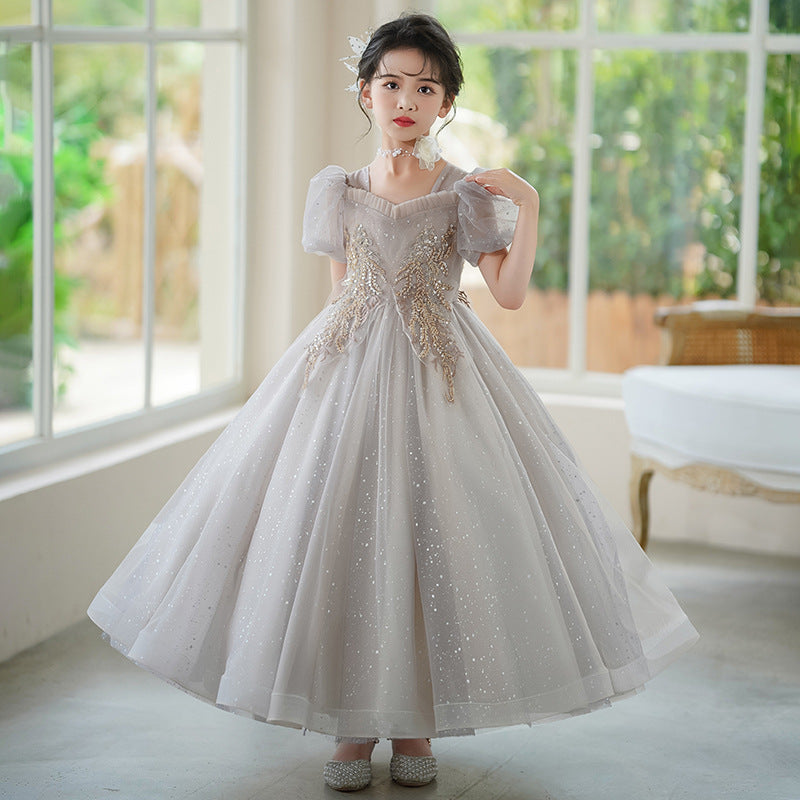 girls' dresses: new high-end gray sequin princess gown, evening dress, french style for older girls, hostess outfit