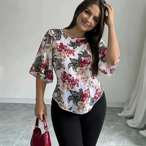 Women's new cross-border e-commerce  simple blouse - short sleeve printed crew neck sun protection shirt