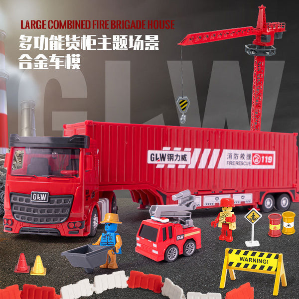 Big Crane Alloy Large Container Fire Truck Toy Set Children's Construction Truck Excavator Model 2 Boys 3-5 Years Old